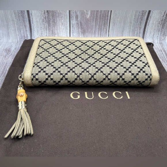 GUCCI Diamante Zip Wallet Leather Canvas Bamboo Tassel Beige & Black w/ Dust Bag - Picture 3 of 15
